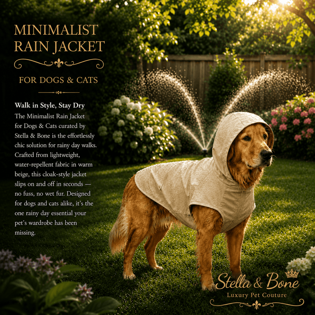 Minimalist Rain Jacket for Dogs and Cats Beige — Golden Retriever in beige dog rain jacket in backyard with sprinkler system