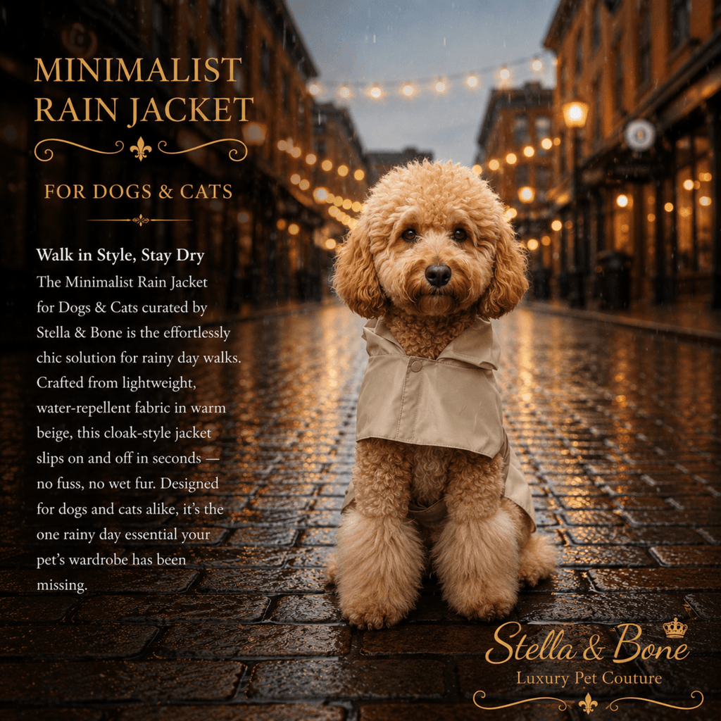 Minimalist Rain Jacket for Dogs and Cats Beige — Golden Retriever in beige hooded dog rain jacket in sunny backyard garden