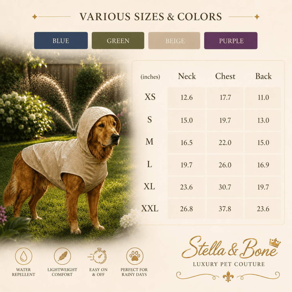 Minimalist Rain Jacket for Dogs and Cats Beige — size chart XS to XXL in beige blue green and purple by Stella and Bone