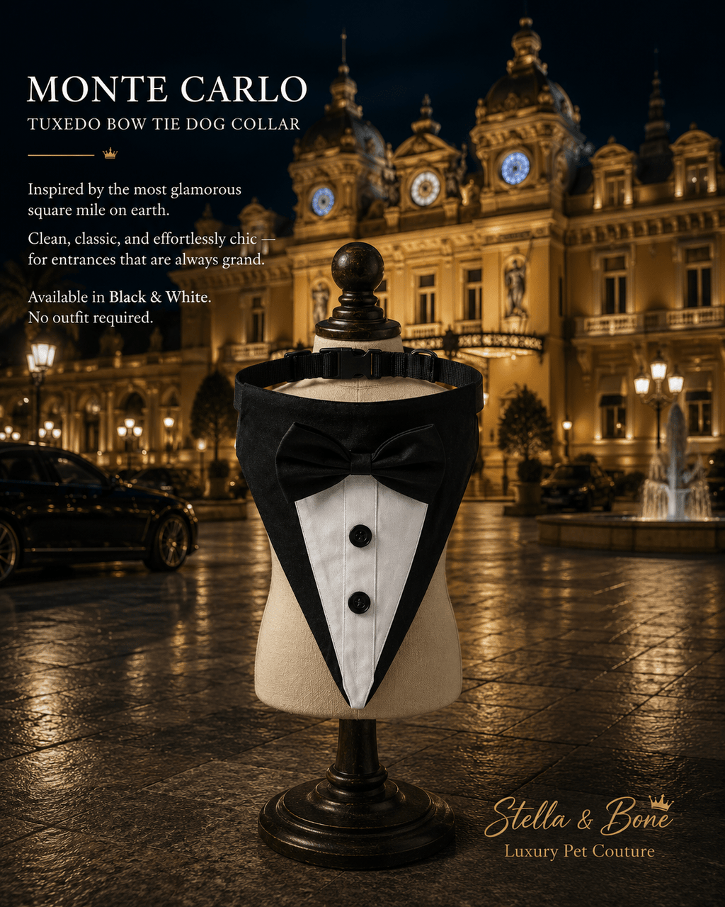 Monte Carlo | Tuxedo Bow Tie Dog Collar | Stella & Bone