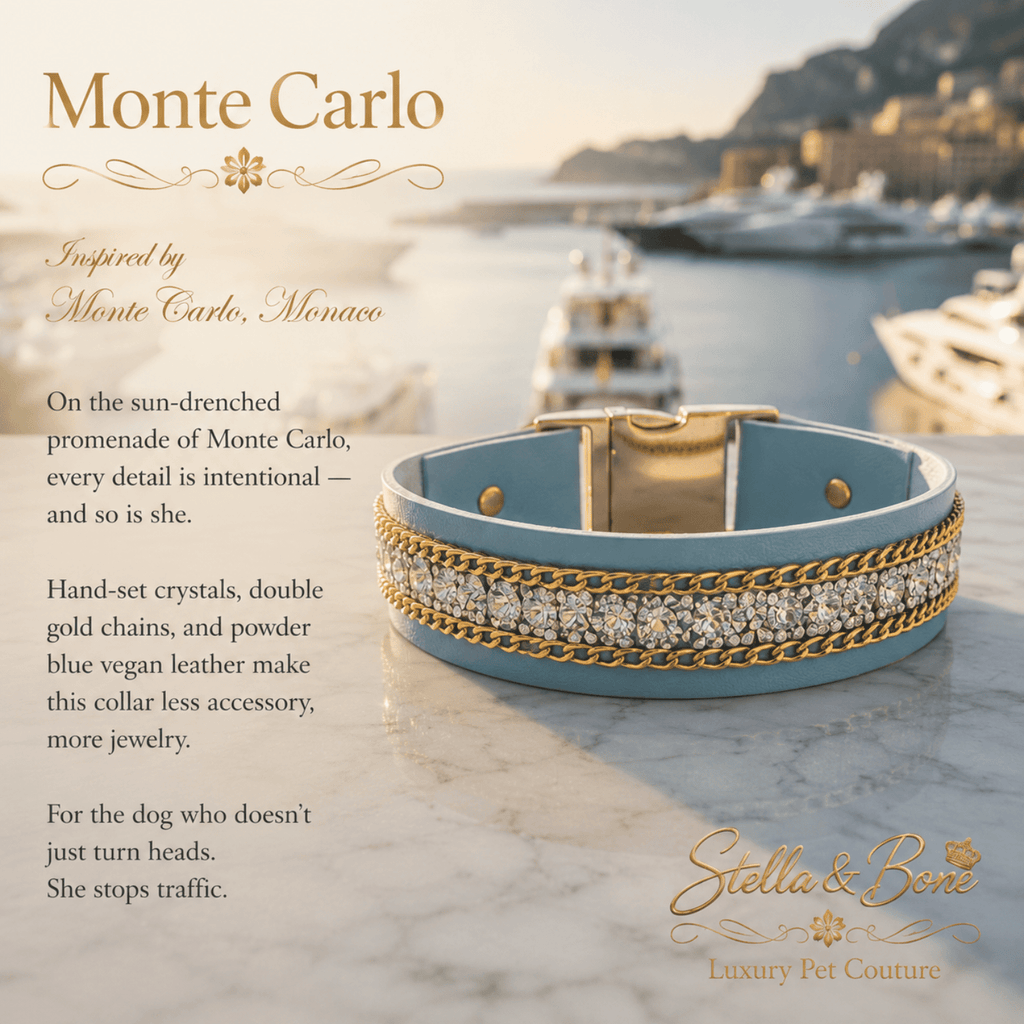 Monte Carlo powder blue vegan leather dog collar with hand-set crystals and double gold chains Monte Carlo Monaco harbor