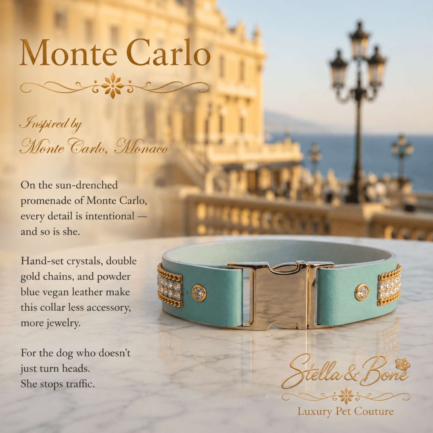 Monte Carlo powder blue dog collar with gold buckle crystals and double chain detail on marble ledge Casino de Monte Carlo
