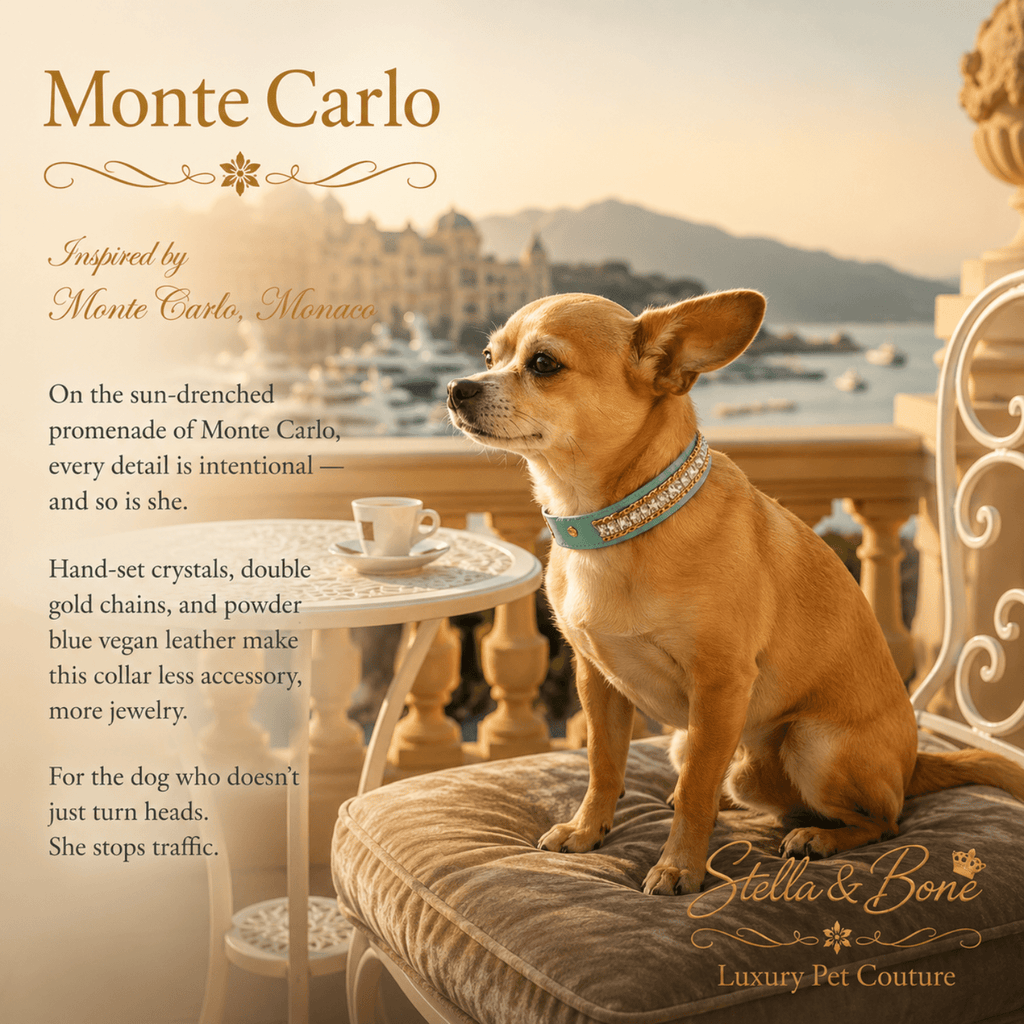 Fawn Chihuahua wearing Monte Carlo powder blue crystal dog collar on terrace overlooking Monaco harbor at golden hour