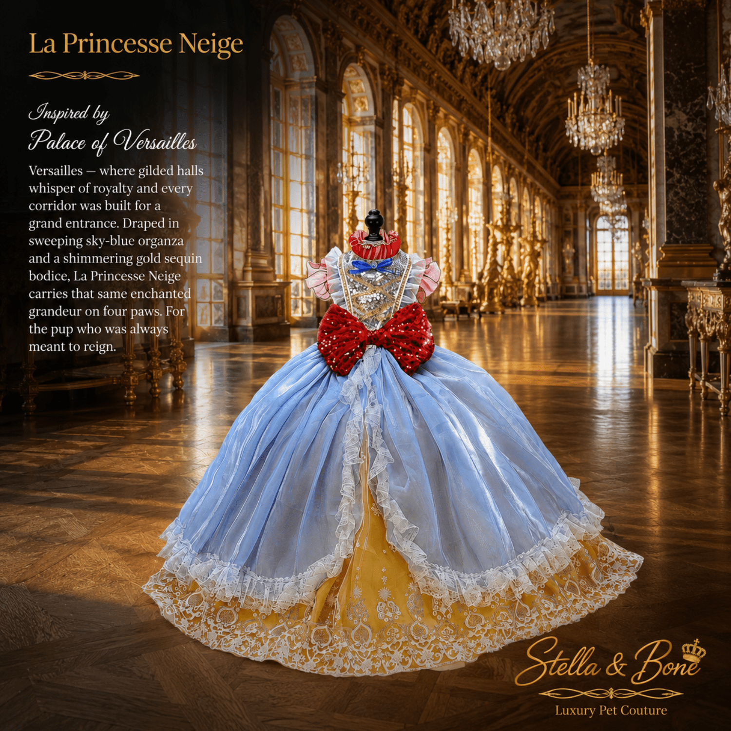 La Princesse Neige dog gown – sky blue organza skirt with iridescent gold and silver sequin bodice