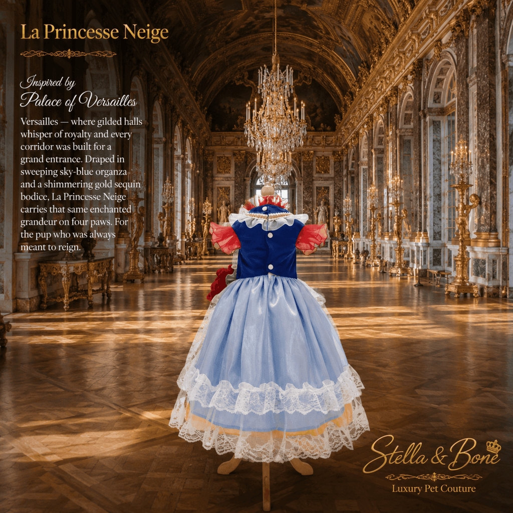 La Princesse Neige luxury dog dress – red sequin statement bow and ruffled collar with blue satin ribbon