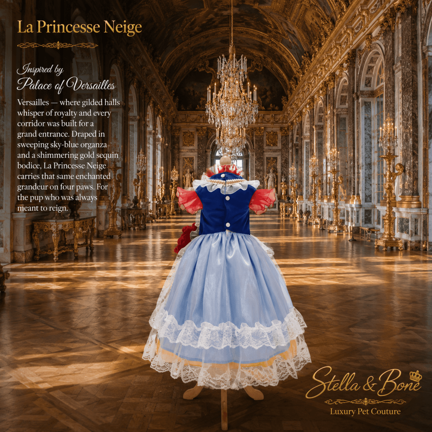 La Princesse Neige luxury dog dress – red sequin statement bow and ruffled collar with blue satin ribbon