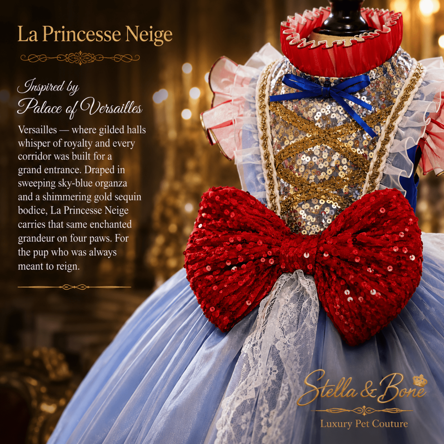 La Princesse Neige enchanted dog ball gown – gold braid trim and white floral lace on blue organza