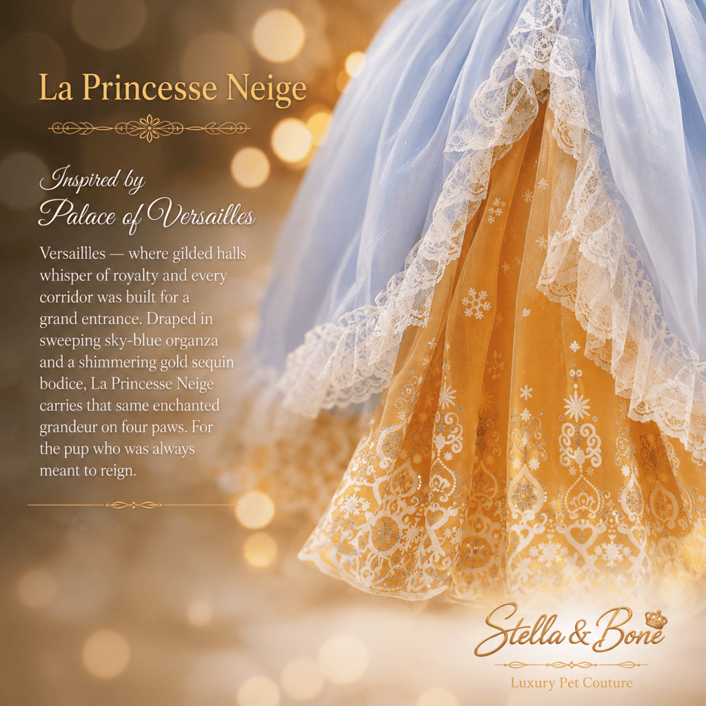 Close-up detail of La Princesse Neige, dog ball gown in the Palace of Versailles. Perfect for formal events.