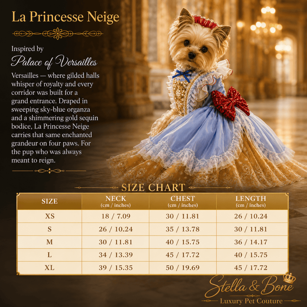 La Princesse Neige fairytale dog dress – blue organza and golden yellow embroidered underskirt for dogs