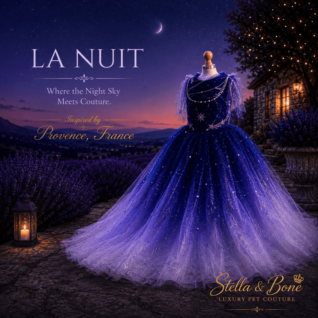 La Nuit navy star pet gown on mannequin in Provence lavender field — formal wedding gown for small dogs and cats