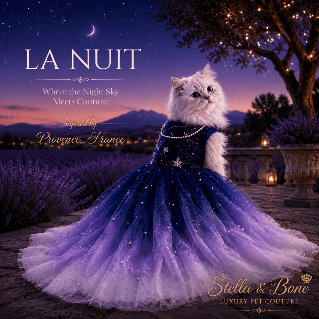 White Persian cat in La Nuit navy star wedding gown at Provence garden — luxury formal pet gown for photo shoots, formal