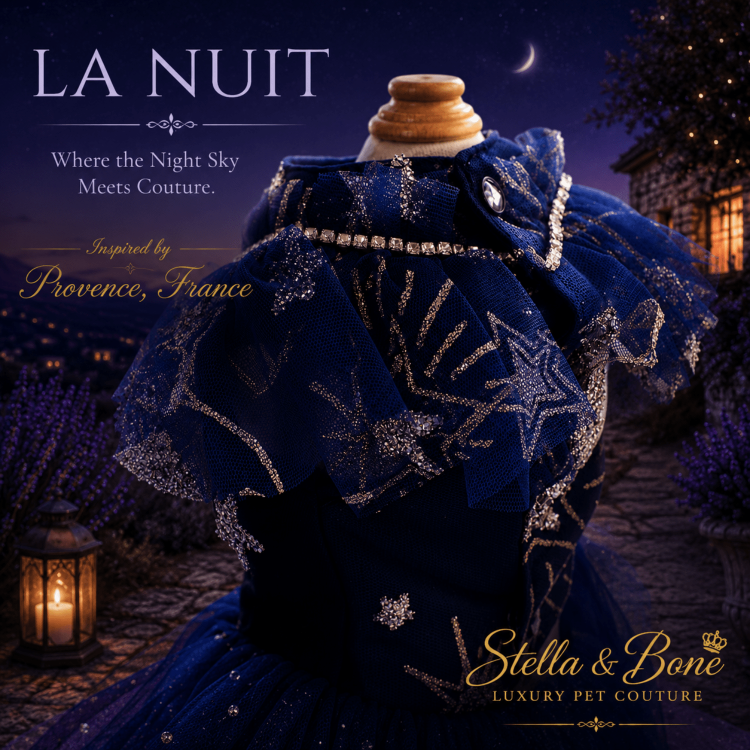 La Nuit close-up of navy velvet bodice with silver star embroidery and crystal collar — couture dog wedding gown detail
