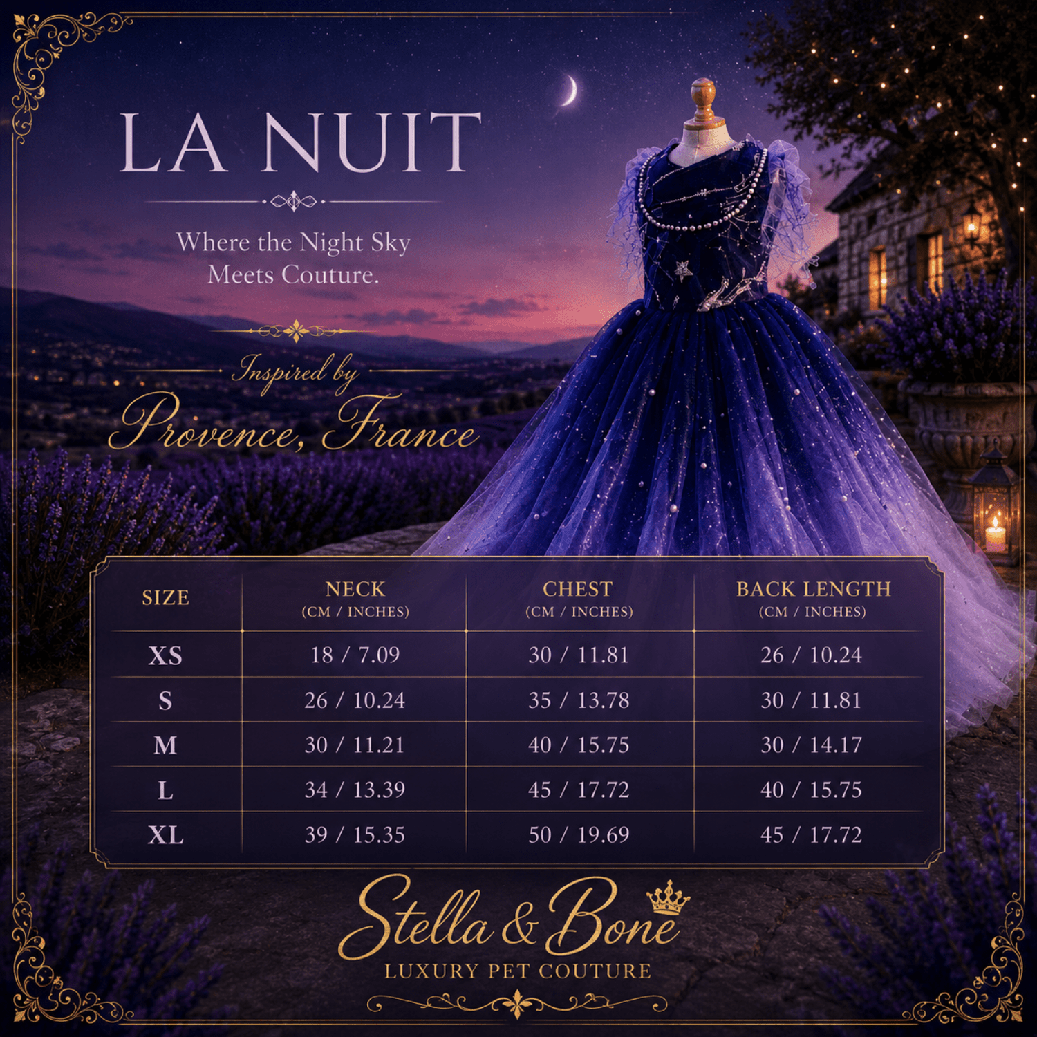La Nuit navy star dog gown size chart XS to XL — neck chest and back measurements for formal wedding gown sizing