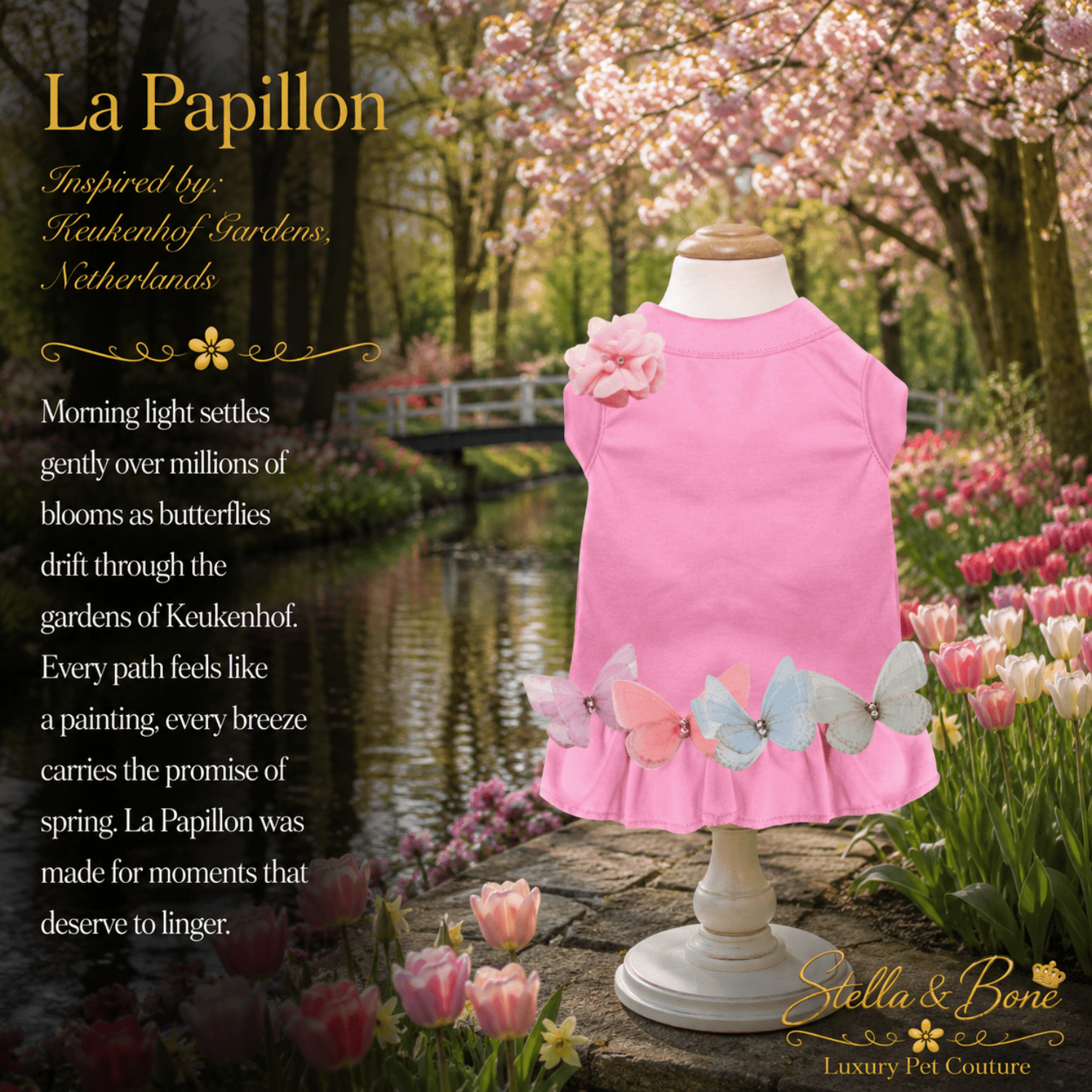 Pink pet dress, La Papillon in a garden setting with cherry blossoms, tulips, and a pond. Ruffled hem & butterfly appliqués.
