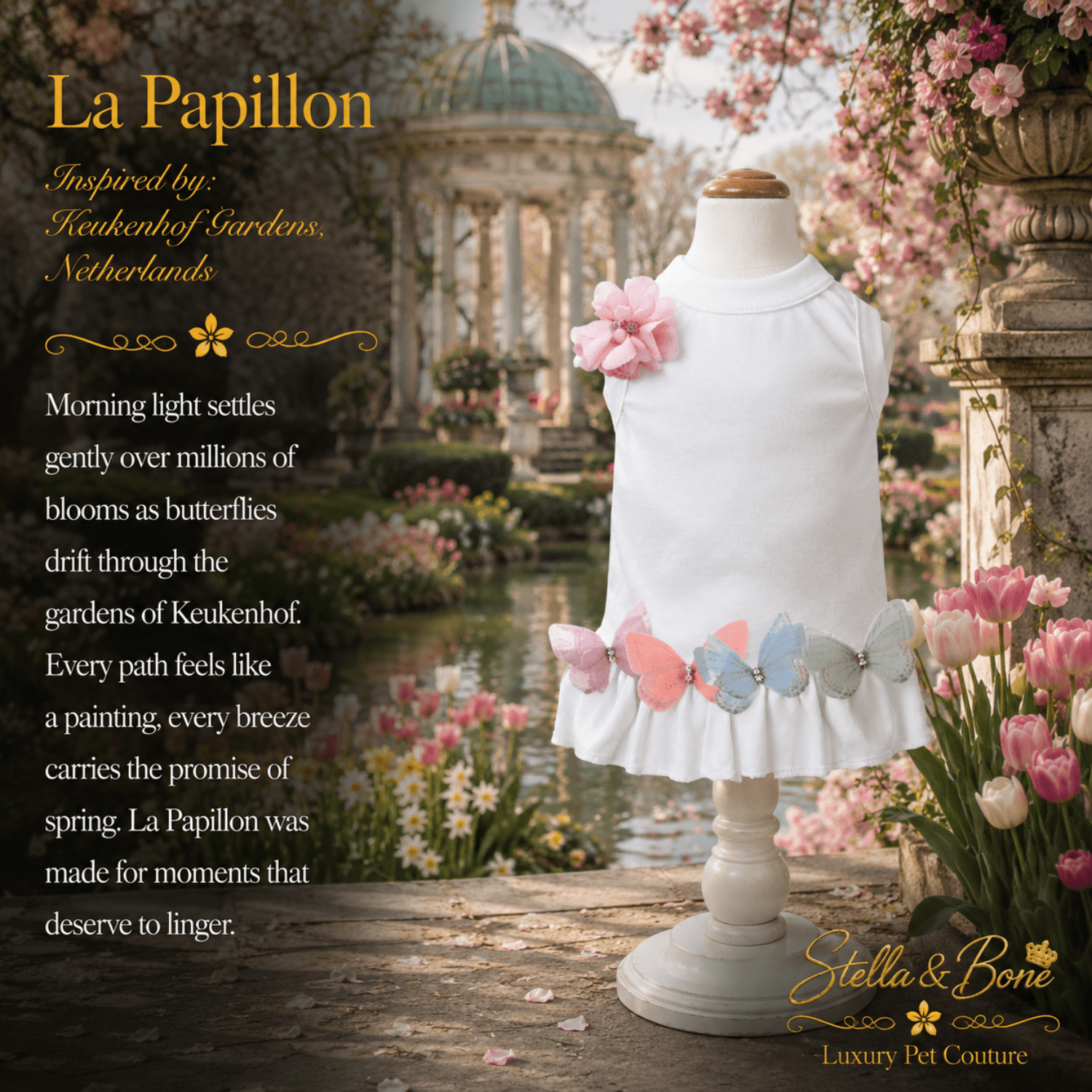 A white sleeveless pet dress, La Papillon  in an outdoor garden setting with flowers, a pond in Keukenhof Gardens