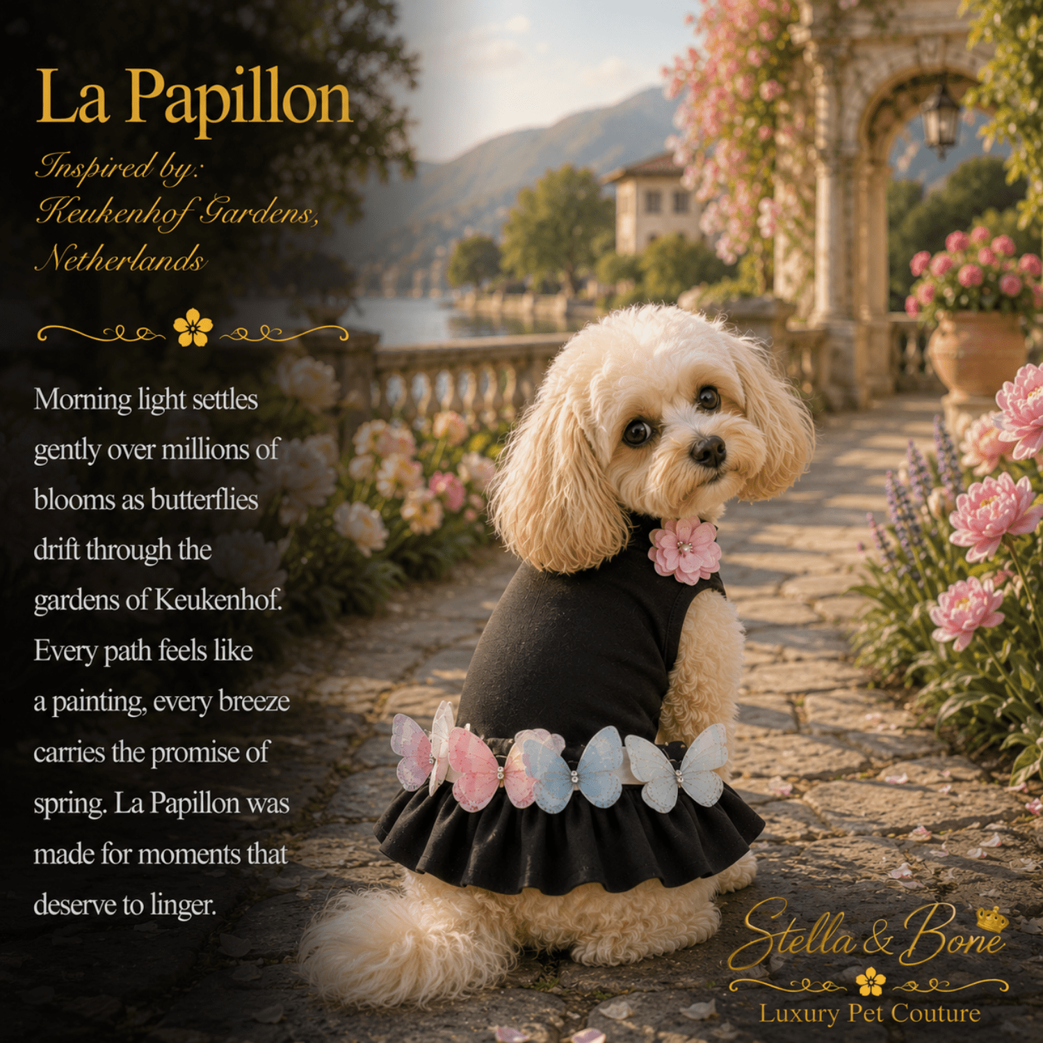 A small cream-colored dog wearing La Papillon, black dress with pink and blue butterfly accents sits in a garden setting. 