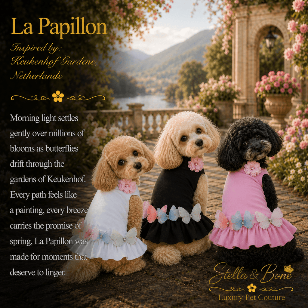 Three dogs wearing La Papillon, dresses posed outdoors in front of a garden archway and lake in Netherlands