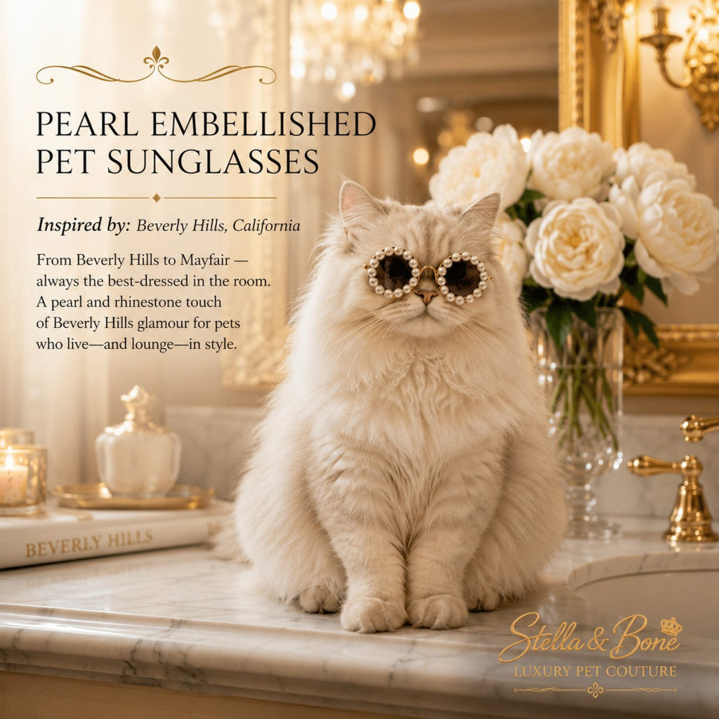 White Persian cat wearing pearl embellished round sunglasses on marble vanity Beverly Hills luxury cat accessory