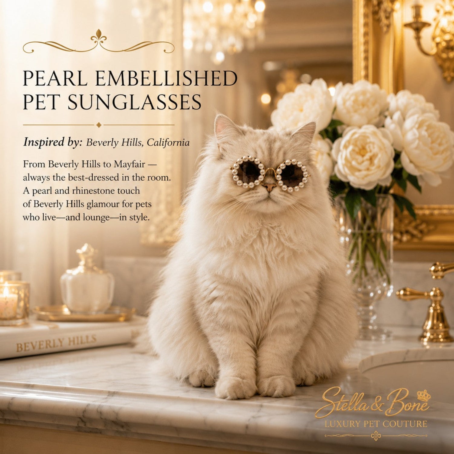 White Persian cat wearing pearl embellished round sunglasses on marble vanity Beverly Hills luxury cat accessory