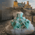 Pena Sintra Ball Gown — mint tulle and pearl dog ball gown on mannequin at Palacio da Pena castle in Sintra Portugal