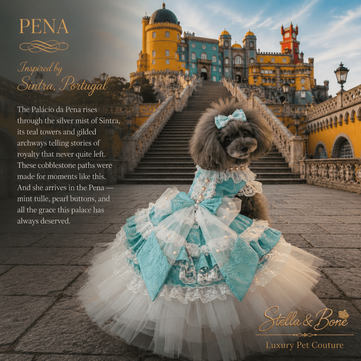 Pena Sintra Ball Gown — Cavapoo in mint lace ball gown for weddings and special occasions at Palacio da Pena Sintra
