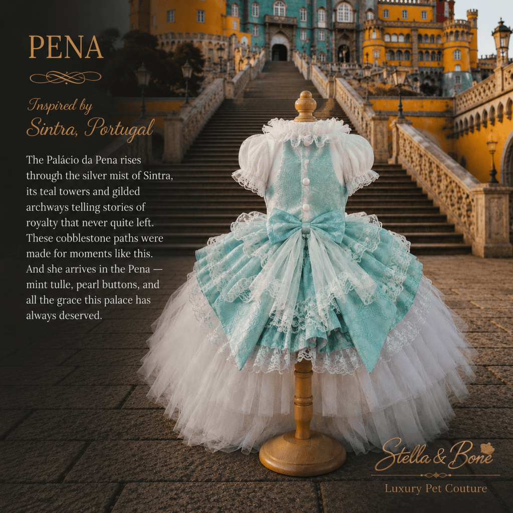 Pena Sintra Ball Gown — Cavapoo in mint lace ball gown for weddings and special occasions at Palacio da Pena Sintra