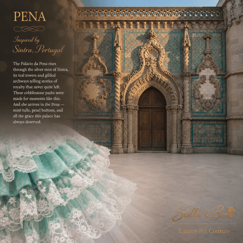 Pena Sintra Ball Gown — close-up of mint lace ruffle skirt on luxury dog ball gown at Sintra palace chapel doorway