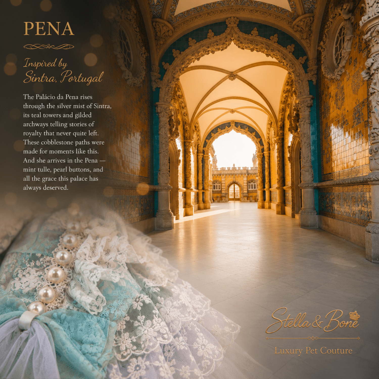Pena Sintra Ball Gown — close-up of pearl brooch and mint lace bodice on luxury dog gown in Sintra palace corridor