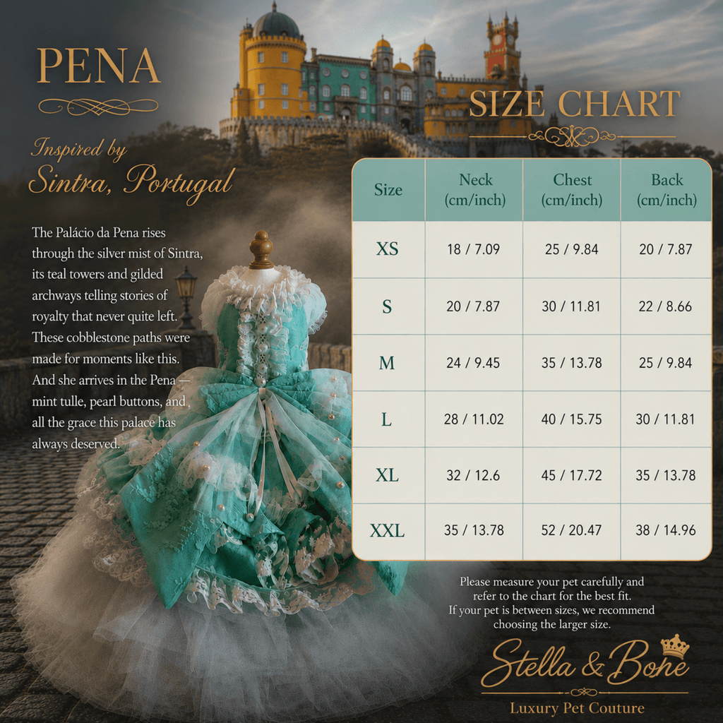 Pena Sintra Ball Gown — size chart XS to XXL for mint tulle pearl dog ballgown, Great for Quinceanera