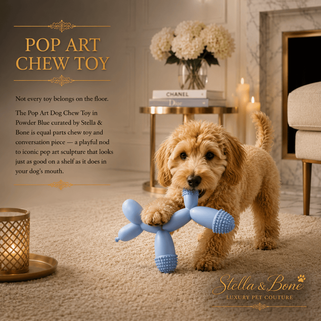 Cockapoo puppy playing with Pop Art powder blue balloon dog chew toy on cream carpet luxury living room dental toy