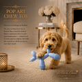 Cockapoo puppy playing with Pop Art powder blue balloon dog chew toy on cream carpet luxury living room dental toy