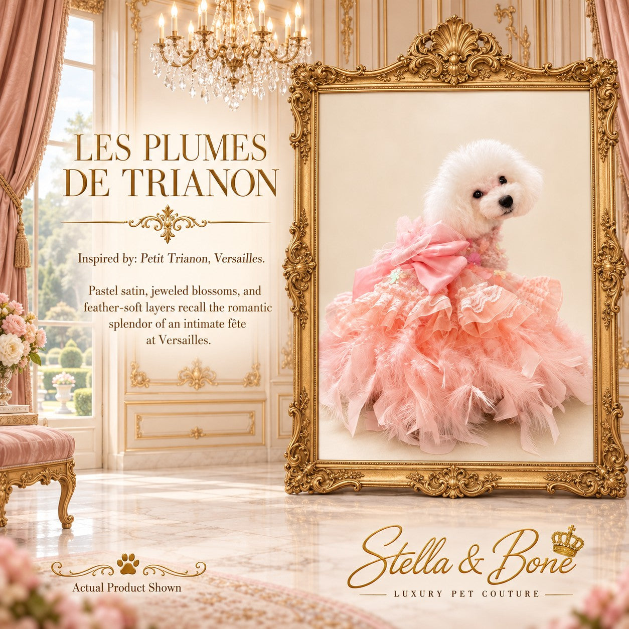 Video of pink Les Plumes de Trianon luxury dog gown with feathers and a large back bow set on antique mannequin