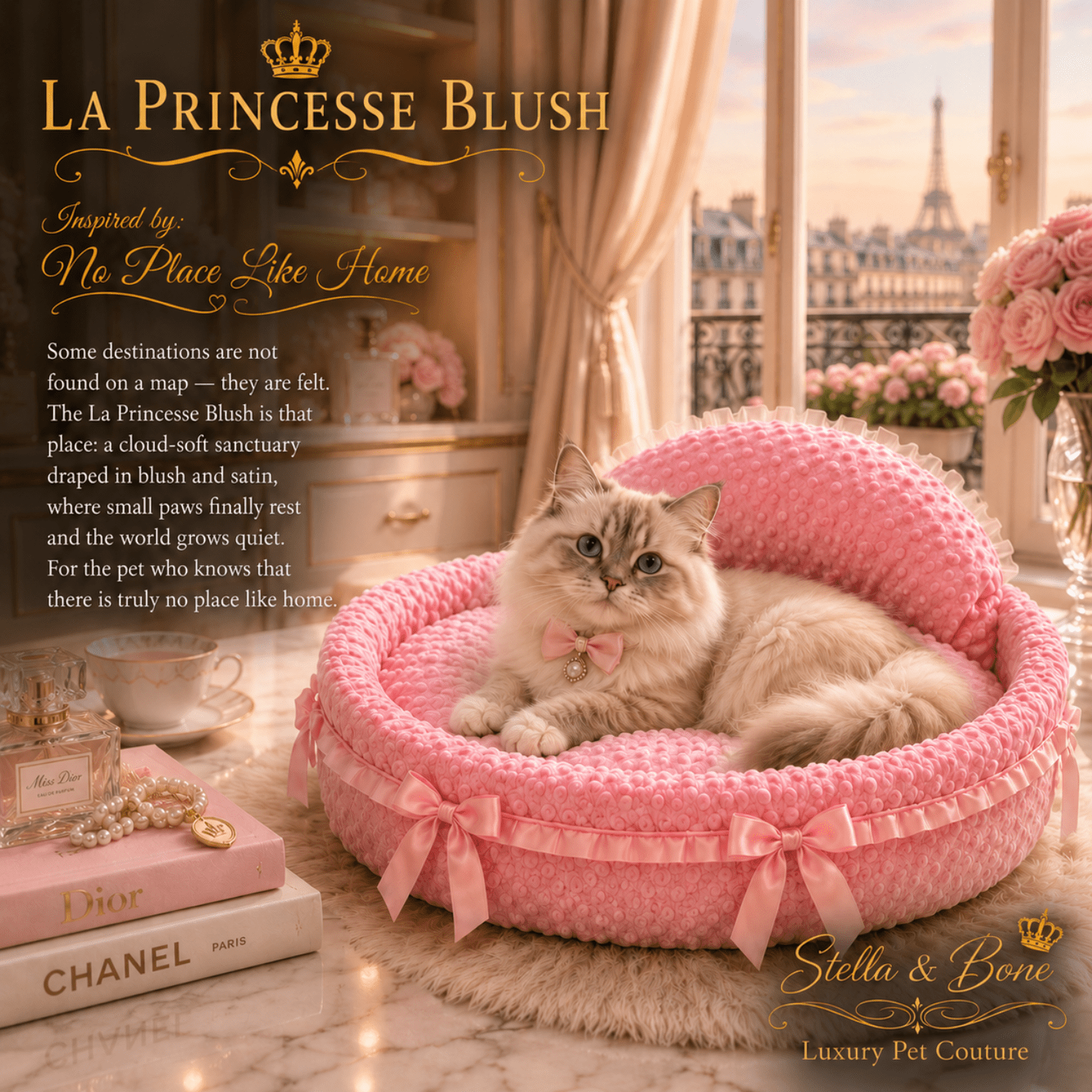 Ragdoll cat in La Princesse Blush pink plush pet bed with satin bows on Paris balcony with Eiffel Tower luxury cat bed