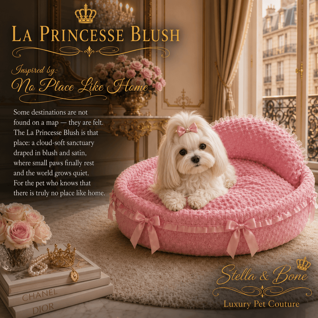 White Maltese in La Princesse Blush pink plush dog bed with satin bows in Paris salon with Chanel Dior books luxury dog bed