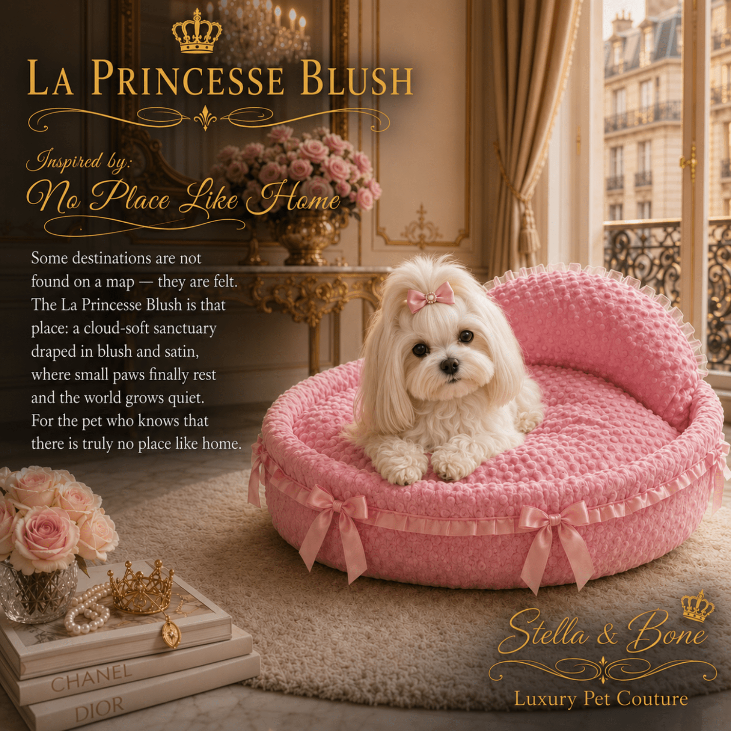 White Maltese in La Princesse Blush pink plush dog bed with satin bows in Paris salon with Chanel Dior books luxury dog bed