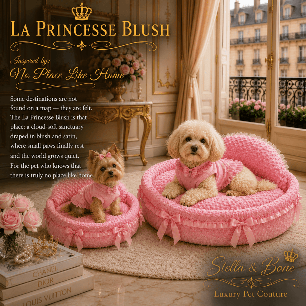 Yorkshire Terrier and Poodle in two sizes of La Princesse Blush pink plush dog bed side by side Paris penthouse