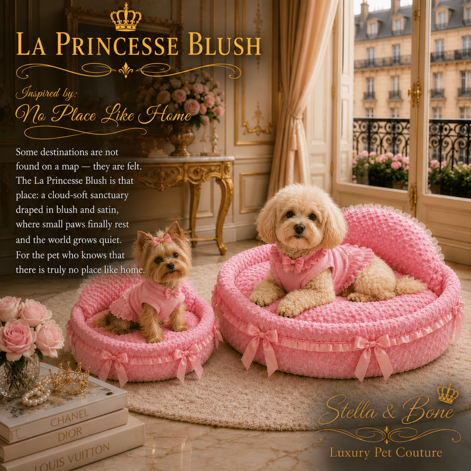 Yorkshire Terrier and Poodle in two sizes of La Princesse Blush pink plush dog bed side by side Paris penthouse