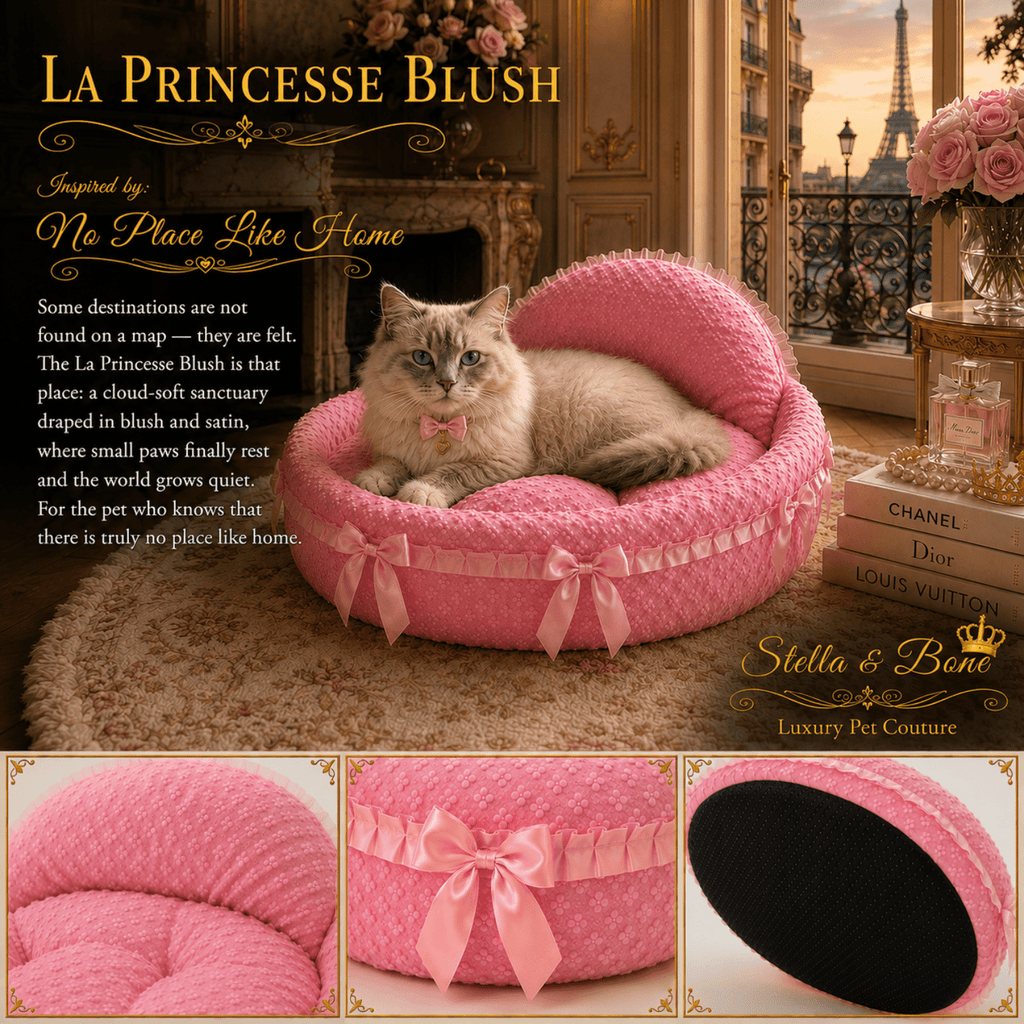 Ragdoll cat in La Princesse Blush pink plush cat bed Paris balcony Eiffel Tower sunset with detail insets luxury cat bed