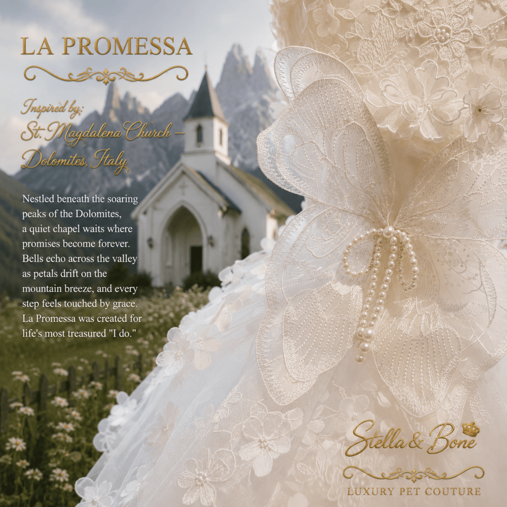 Close-up of La Promessa,  white lace pet gown-a large bow and pearl-like bead detail, set against scenic Dolomites in Italy