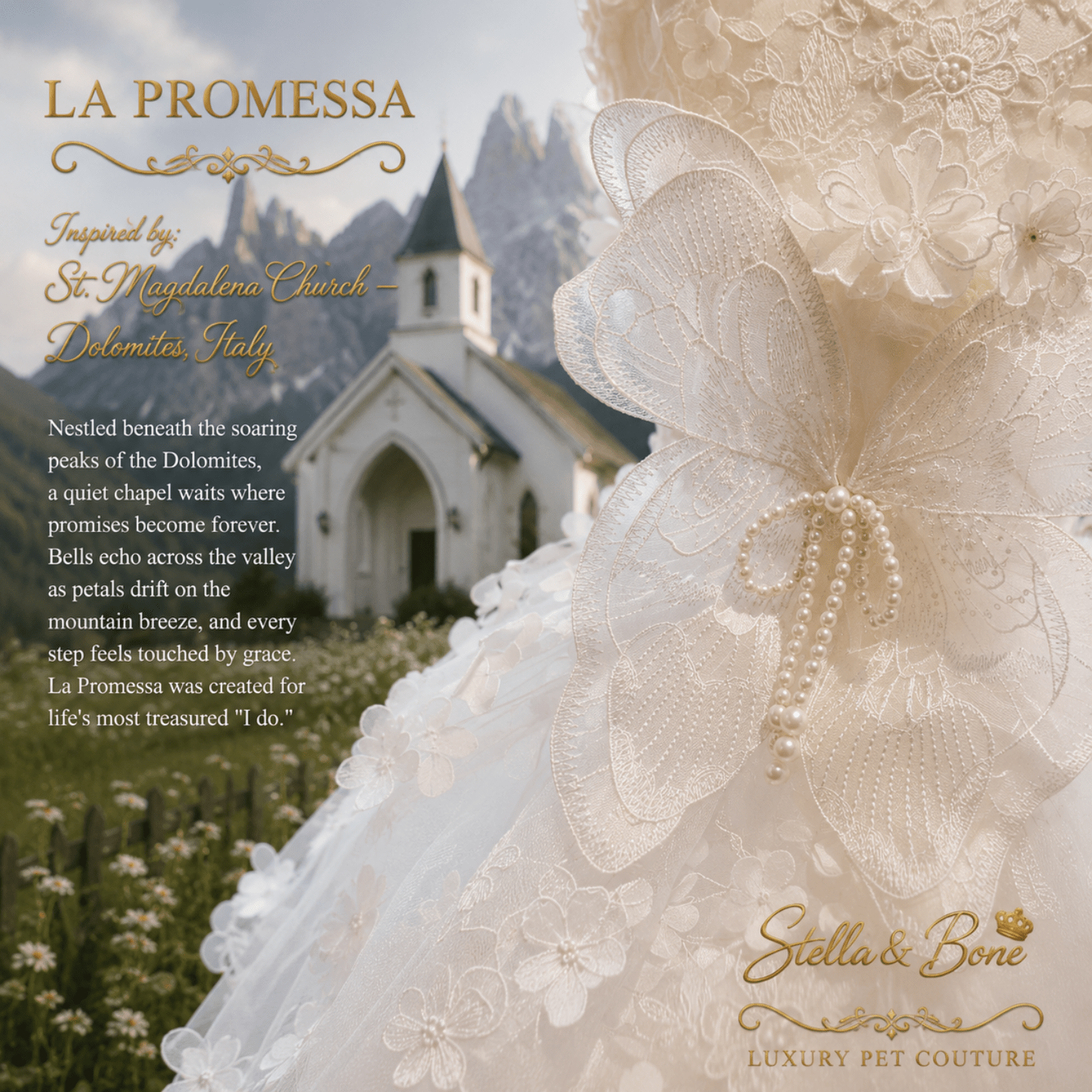 Close-up of La Promessa,  white lace pet gown-a large bow and pearl-like bead detail, set against scenic Dolomites in Italy