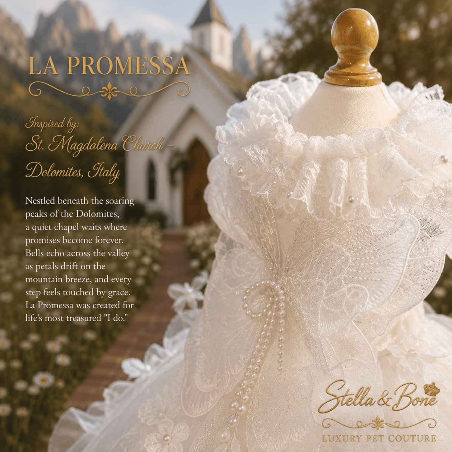 Close-up of La Promessa, a white lace pet gown with ruffles and pearl accents at St. Magdalena Church in Italy