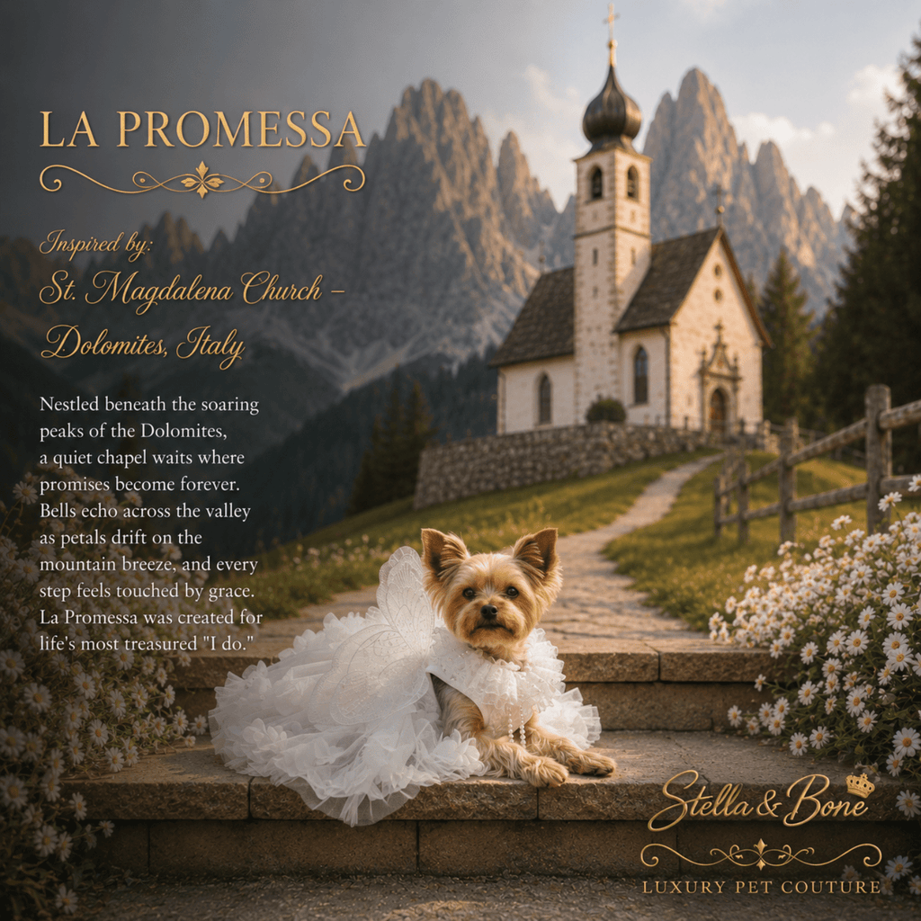 Dog wearing La Promessa, a white tulle dress sits on stone steps in front of a mountain church, in scenic Dolomites, Italy