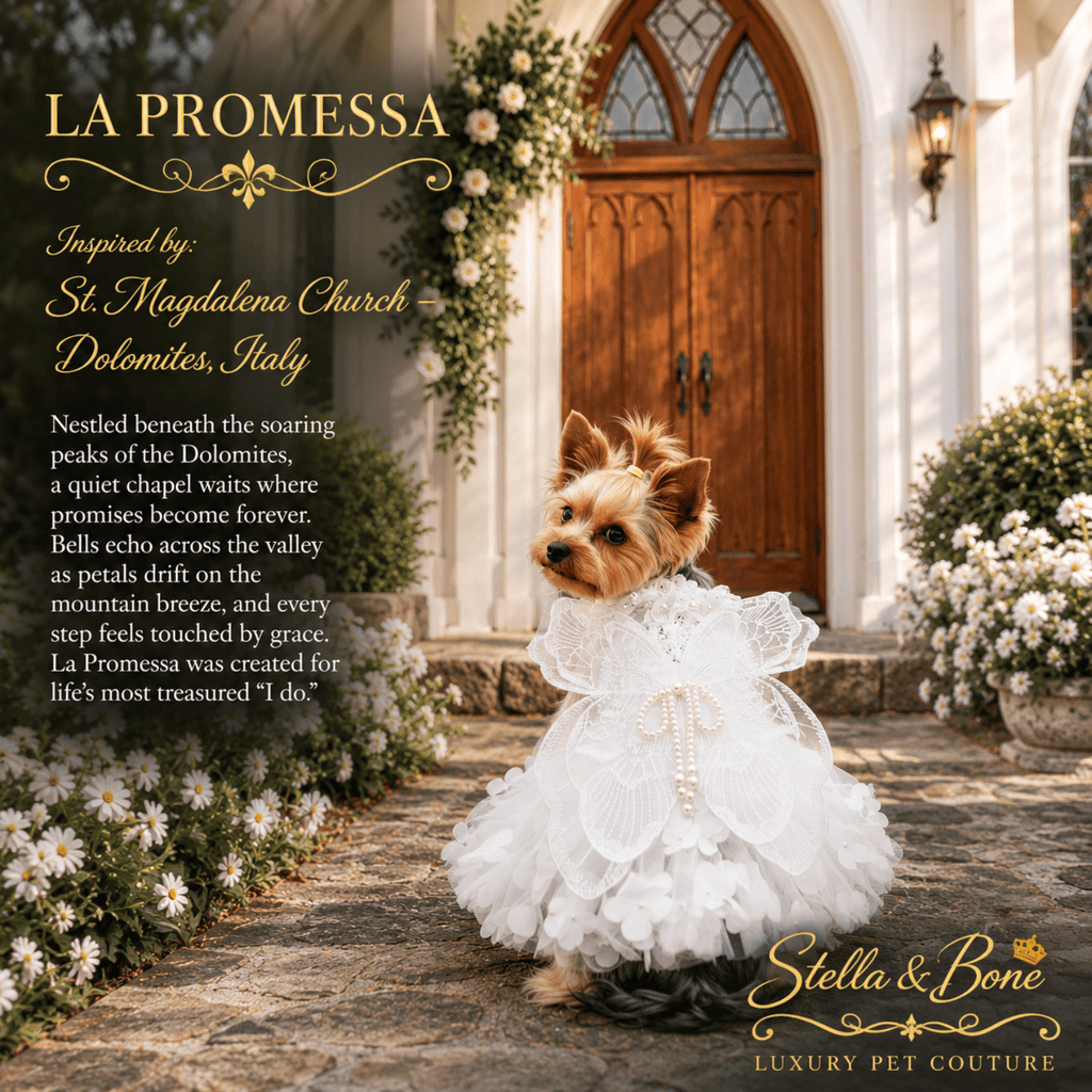 Dog wearing La Promessa, a white lace pet gown stands in front of an arched wooden doorway in Dolomites, Italy