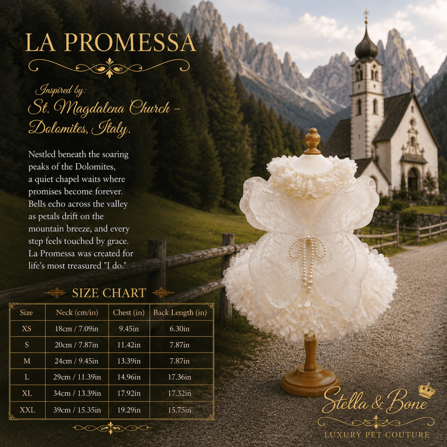 La Promessa size chart, a pet gown with pearl-like beads shown in front of a mountain church scene. Special occasion.