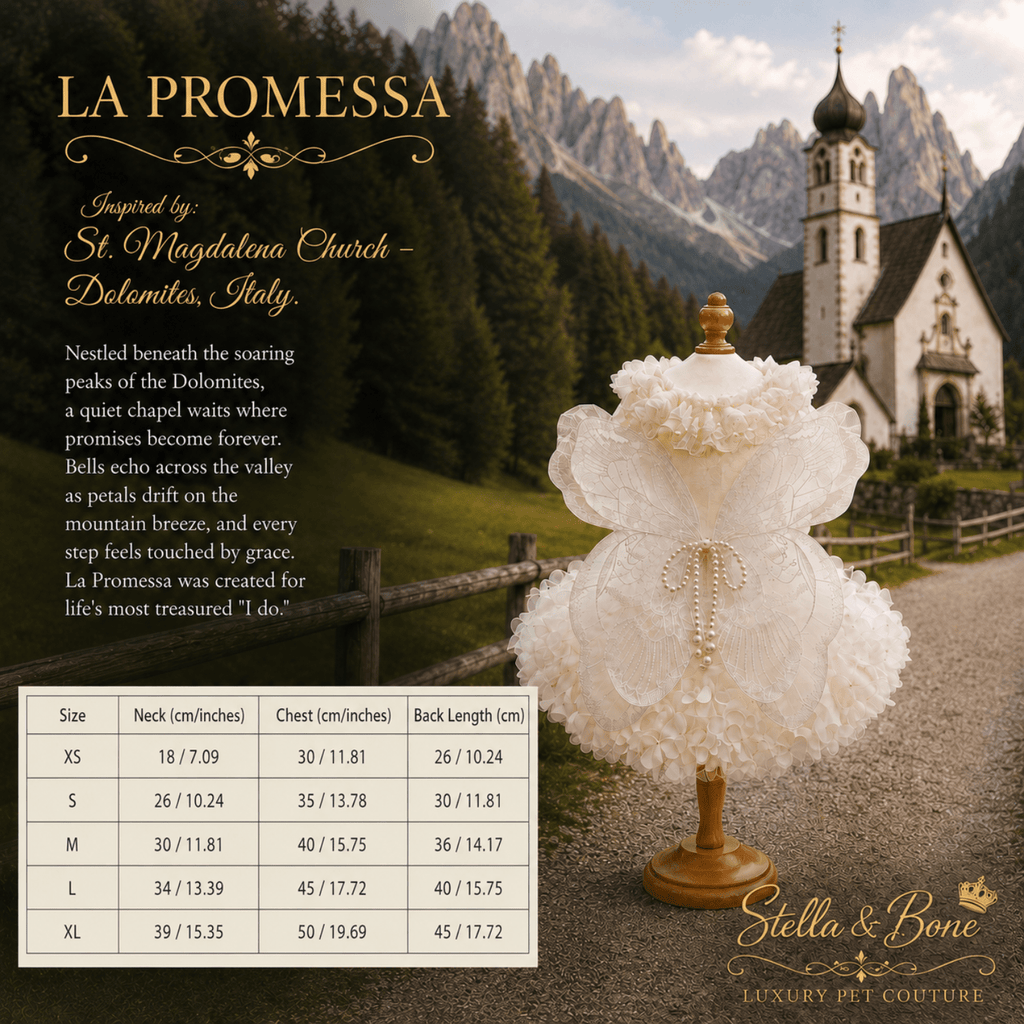 Size chart for La Promessa, butterfly wing detail, perfect for wedding, birthday, any special occasion