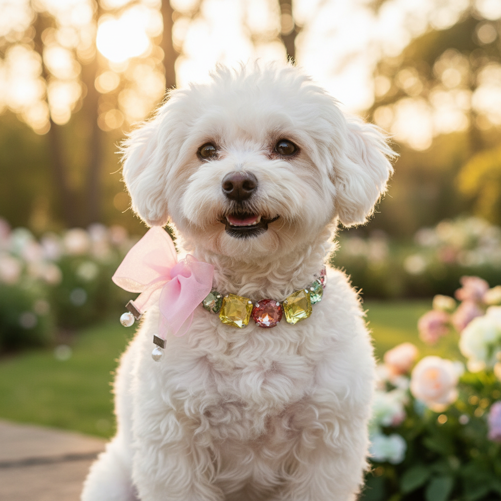 mall white dog wearing the Rhinestone Bow Couture Pet Necklace in a garden setting | Stella & Bone