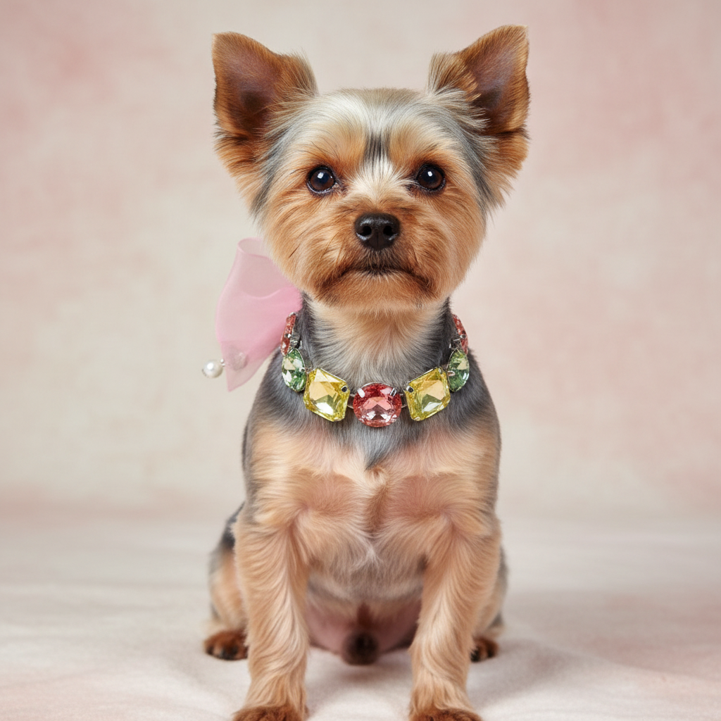 Yorkie modeling the Rhinestone Bow Couture Pet Necklace featuring colorful rhinestones and pink bow detail | Stella & Bone