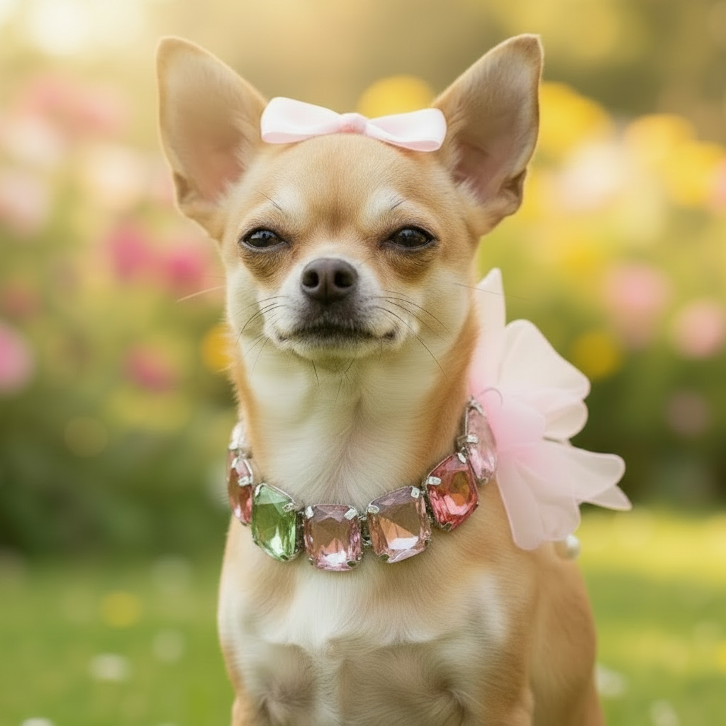 Dainty Chihuahua wearing the Rhinestone Bow Couture Pet Necklace with pastel gemstones and pink organza bow | Stella & Bone