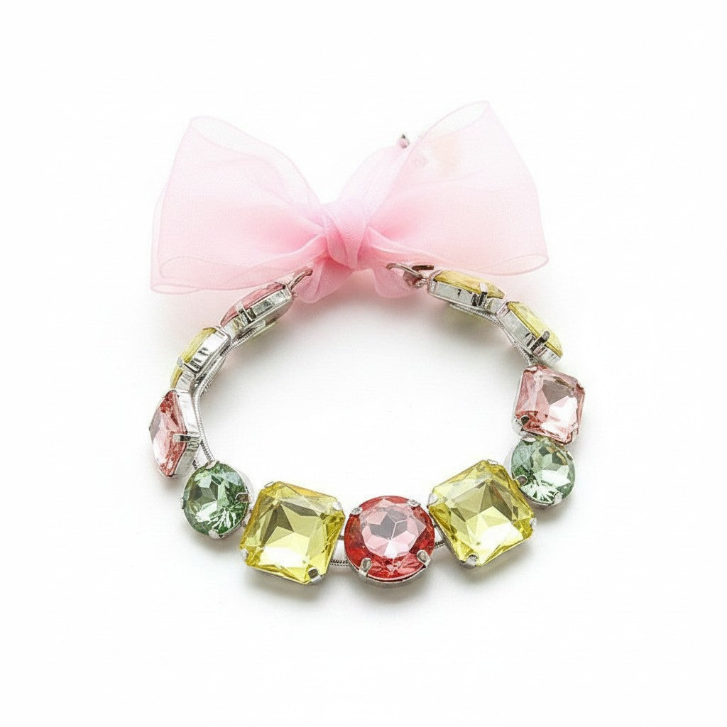 Rhinestone Bow Couture Pet Necklace, pastel faceted gemstones | pink, green, yellow & red | pink organza bow & pearl accents