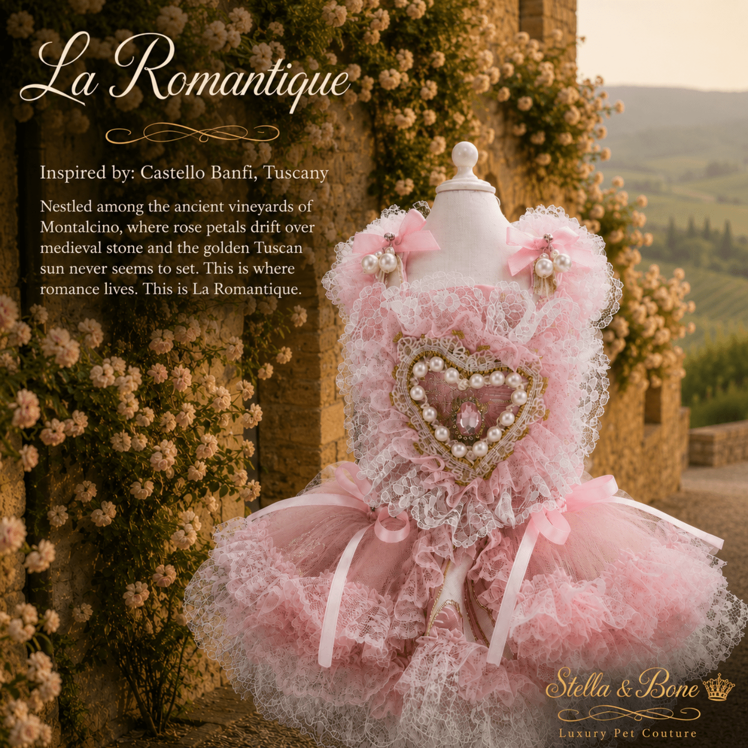 La Romantique, pink lace gown with pearl heart for dogs and cats. A mannequin in Tuscany. Perfect for weddings, celebrations.